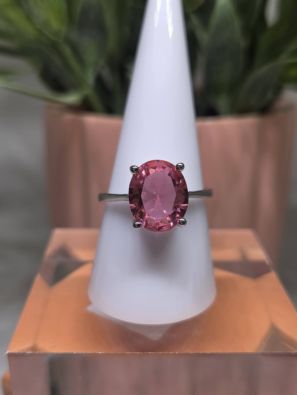 Silver Ring with Faceted Pink Oval Stone